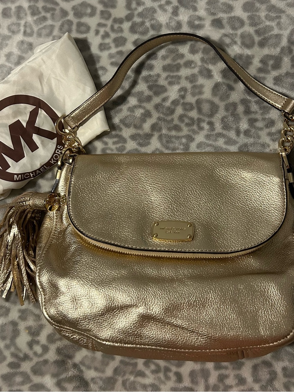 Michael Kors Metallic Gold Leather Shoulder Hobo with Tassel